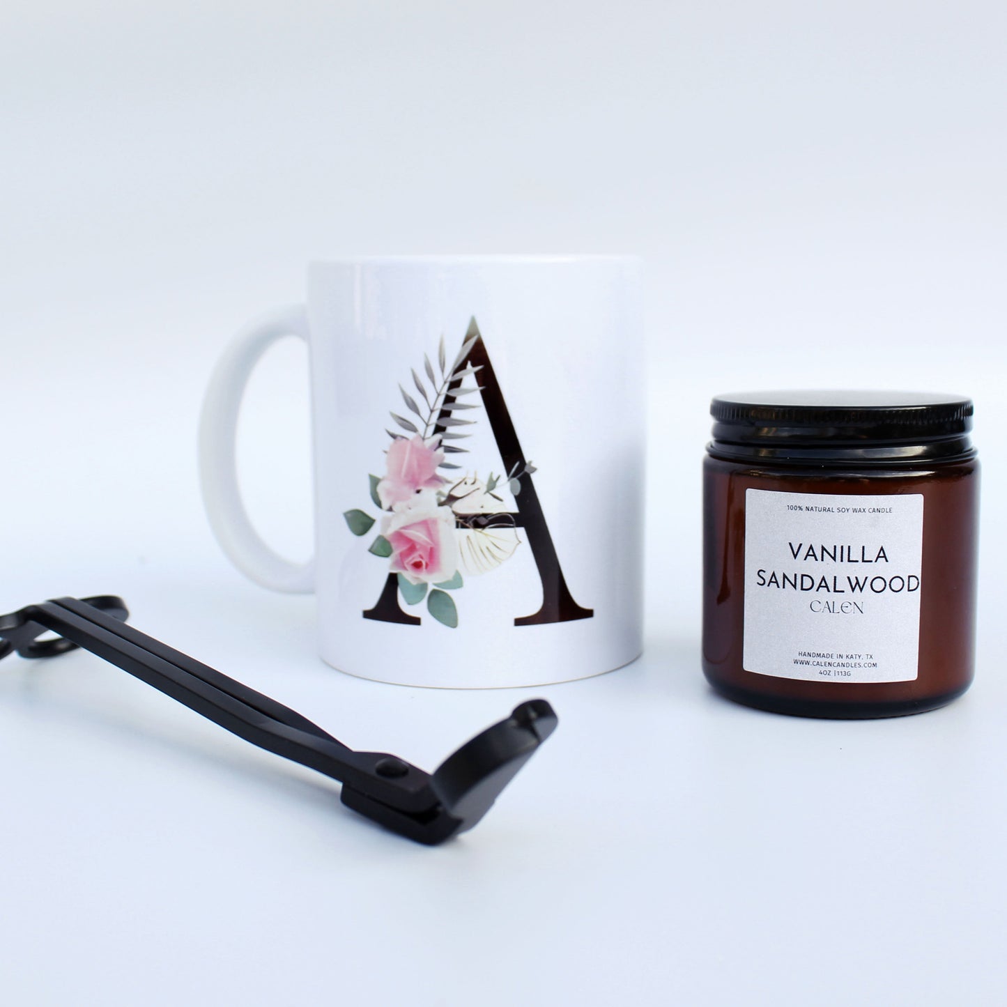 Bundle 3: Initialed Mug, 4oz candle, Wick Clipper (Gold or Black)