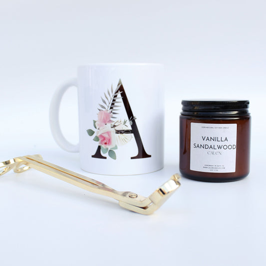 Bundle 3: Initialed Mug, 4oz candle, Wick Clipper (Gold or Black)