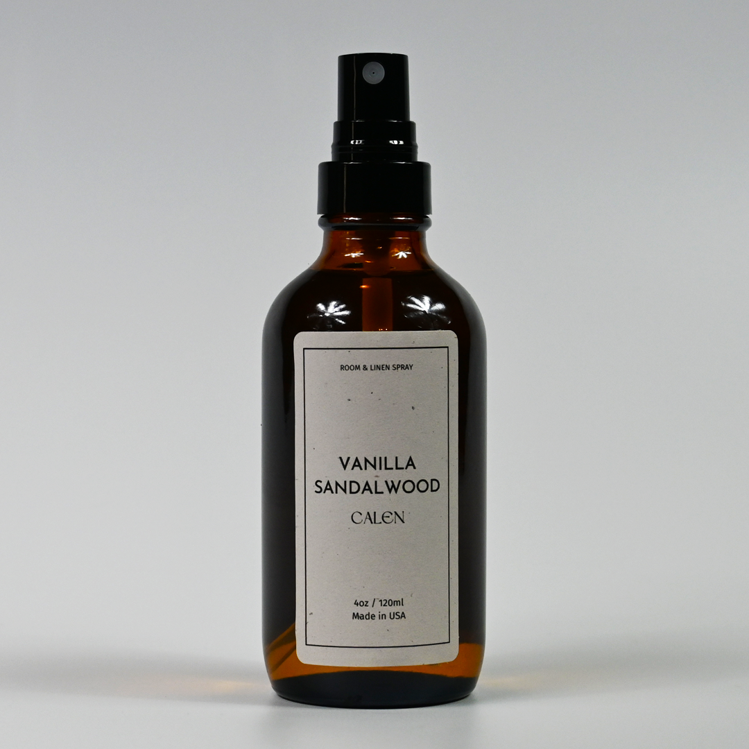 Vanilla Sandalwood 4oz room spray in amber bottle, eco-friendly, vegan, hand-mixed, non-toxic fragrance for cozy homes.